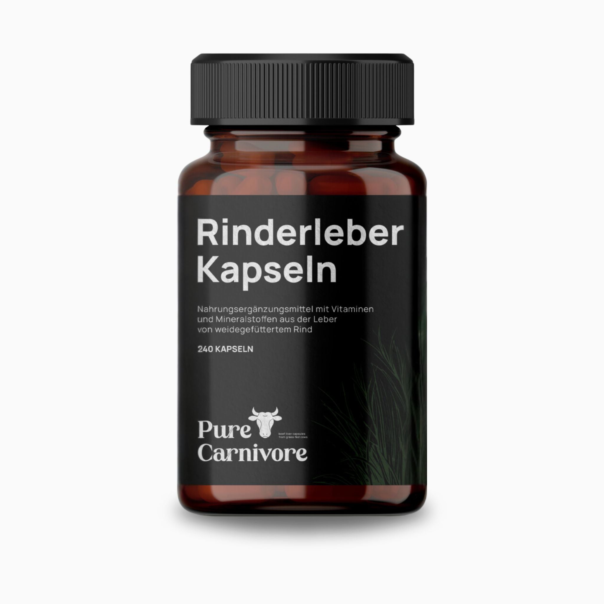 Eine dunkle Flasche mit der Aufschrift „Rinderleber Kapseln“ enthält 240 Kapseln mit Nahrungsergänzungsmitteln aus der Leber von grasgefütterten Rindern.
