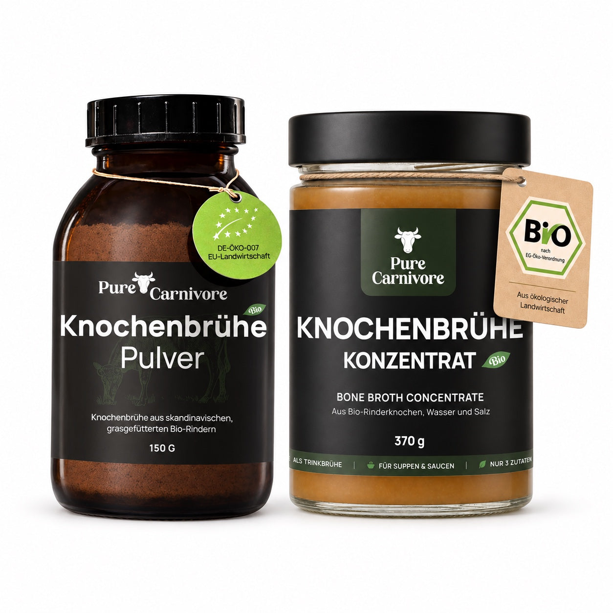 Bio-Knochenbrühe-Pulver und Konzentrat im Suppenzeit-Duo auf weißem Hintergrund